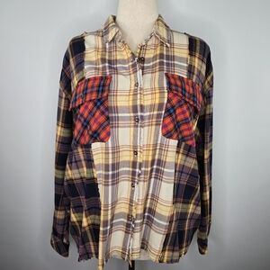 NWT Easel Los Angeles Oversized Plaid Mix Print Button-Down Shirt Size L